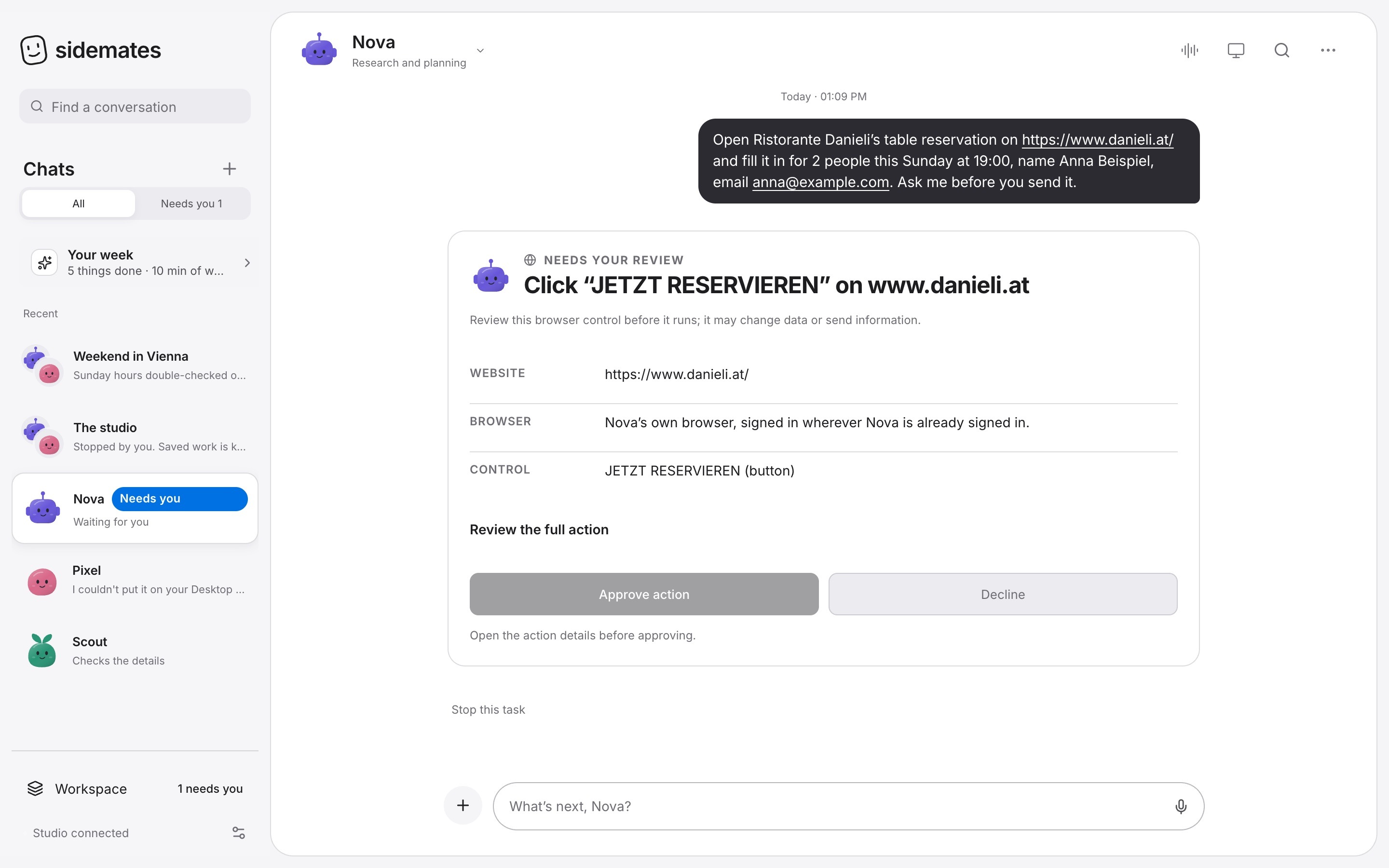 Nova asks before clicking “JETZT RESERVIEREN” on a restaurant website.